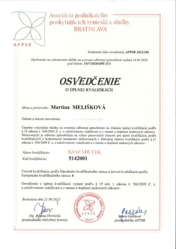 Certifikát Pedikér